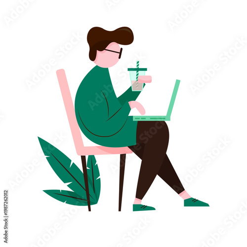 Simple vector illustration of a freelance worker in green and pink