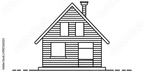 A simple black and white line drawing of a small residential cottage with a chimney on the roof. Vector, illustration