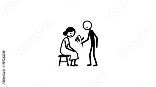 Sad Man Offers Flower to Seated Woman