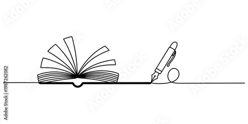 A continuous line drawing of an open book and a fountain pen on a plain white background surface. Vector, illustration