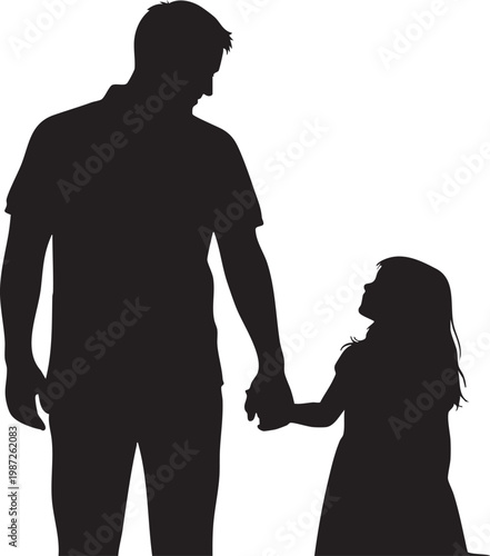 Silhouette of a man and a little girl holding hands together isolated on white background