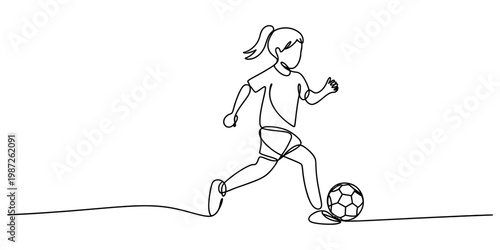 A single continuous line drawing of a young girl running and playing with a small soccer ball Vector, illustration