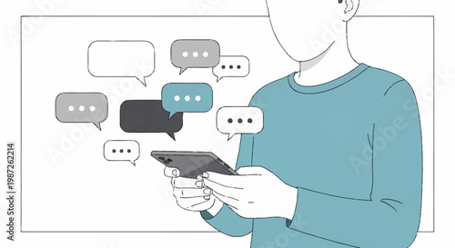 Person using smartphone with speech bubbles representing communication.