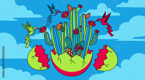 Tall Cacti Growing Out Of Floating Eggshell With Hummingbirds Pop Surrealism Flat Illustration With Bold Outlines