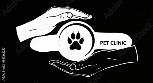 Pet clinic logo featuring hands cradling a paw print, symbolizing care and protection.