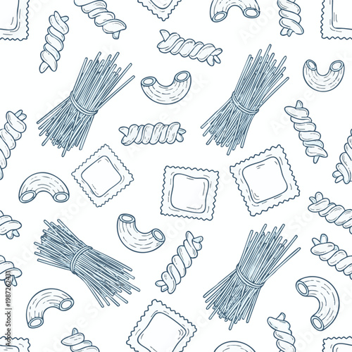 Pasta, Italian food, blue line art, seamless pattern, vector graphics, culinary background, kitchen decor