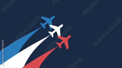 Patriotic jet squadron performance with tricolor smoke trails on dark blue background