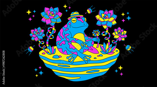 Cosmic Botanist Frog Tending To Succulent Plants On Asteroid Pop Surrealism Flat Illustration With Bold Outlines