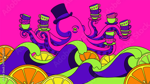 Giant Whimsical Octopus Wearing a Top Hat Balancing Teacups Pop Surrealism Flat Illustration with Bold Outlines