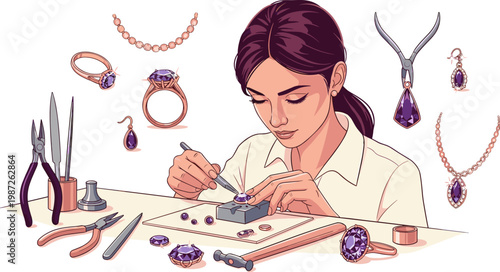 Female Jewelry Designer Crafting Amethyst Gemstone Accessories with Tools, Rings, Earrings, and Necklaces Vector Illustration
