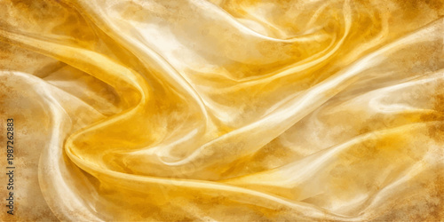 An elegant golden silk and satin fabric backdrop features smooth, shiny waves and a luxurious textile texture for a sophisticated decorative design