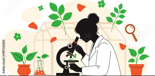 Female Scientist Working in Greenhouse with Plants and Microscope Icon for Research, Botany, and Environmental Science Designs