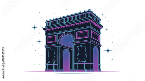 Stylized neon vector illustration of a classic neoclassical triumphal arch monument with stars