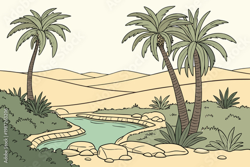 Desert oasis with palms cartoon background simple vector illustration