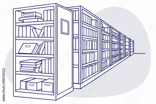 Library archive shelves cartoon background simple vector illustration
