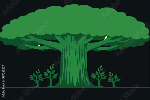 Monopoly Market Dominance Concept with Giant Tree Blocking Light from Smaller Competitors Symbolizing Market Control and Competitive Suppression Illustration