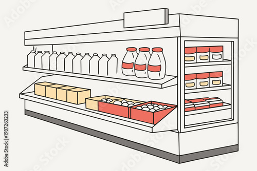 Supermarket dairy aisle cartoon background simple vector illustration