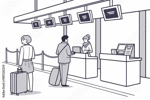 Airport check in counters cartoon background simple vector illustration