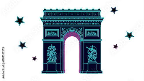 Stylized neon vector illustration of a classic neoclassical triumphal arch monument with stars
