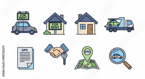 Real Estate and Transportation Icons - Renting, Moving, and Location Services.