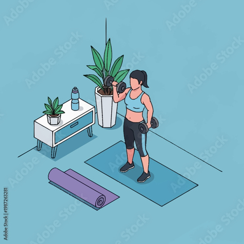 Woman exercising at home with dumbbells.