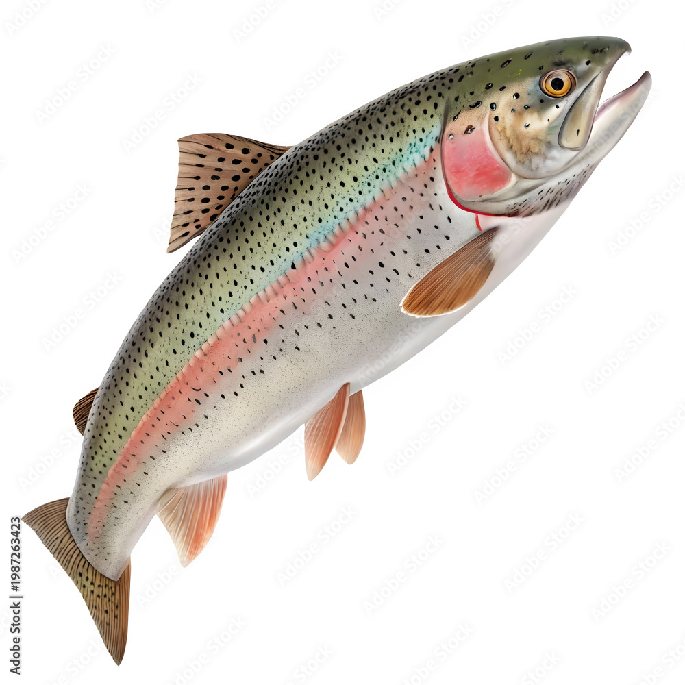 Fototapeta premium A colorful rainbow trout fish on transparent background swimming in water