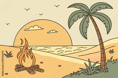 Summer beach sunset bonfire cartoon simple vector illustration