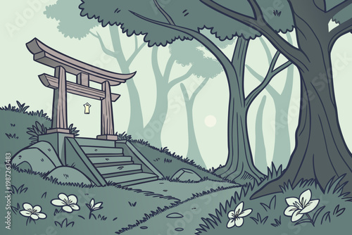 Spirit shrine forest cartoon background simple vector illustration