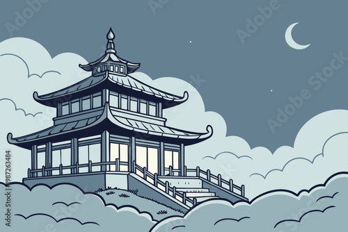 Sky temple above clouds cartoon background simple vector illustration