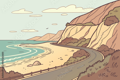 Coastal road with ocean view cartoon simple vector illustration