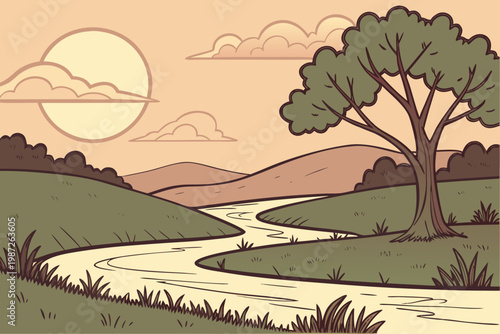 Sunset over winding river cartoon background simple vector illustration