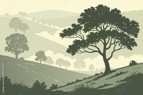 Foggy morning valley cartoon background simple vector illustration