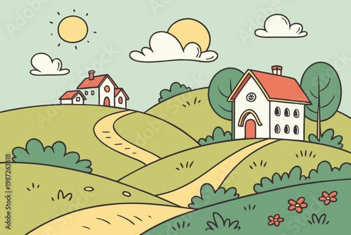 Sunny hillside village cartoon background simple vector illustration