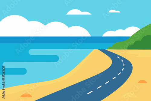 Scenic coastal road with ocean view cartoon simple vector illustration