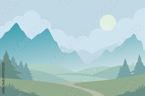 Misty foggy morning valley cartoon background simple vector illustration