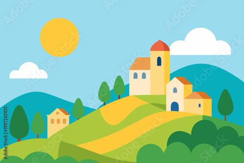 Bright sunny hillside village cartoon background simple vector illustration