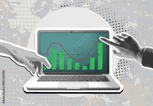 Data analytics concept. Halftone hand draws sales graph. Modern collage design. Pop art. Growth chart. Successful business performance. Business data graph on screen laptop. Achieving high results
