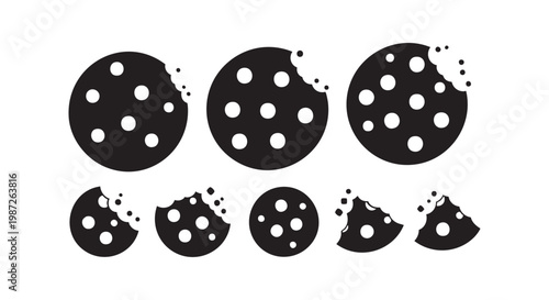 Delicious chocolate chip cookies, some whole and some bitten, sweet baked treats for food and dessert graphic design.