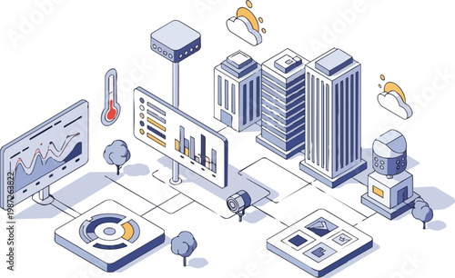 Smart City Isometric Concept with Big Data Analytics Dashboard and IoT Infrastructure for Urban Monitoring and Planning