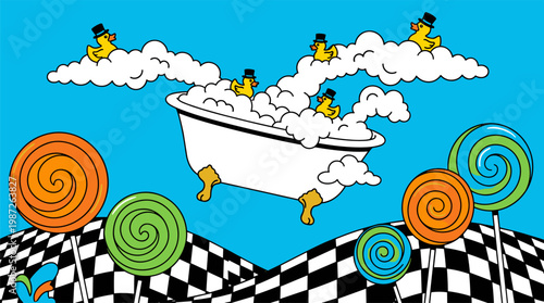 Floating Bathtub Filled with Clouds and Dapper Rubber Ducks Pop Surrealism Flat Illustration with Bold Outlines