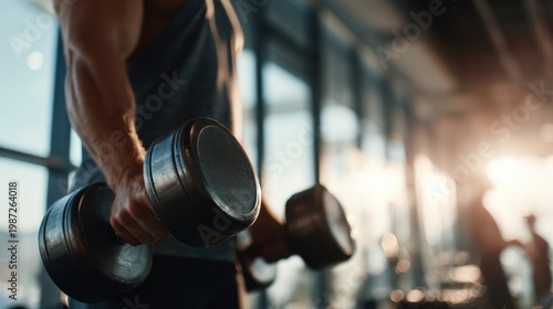 Muscular arms lifting dumbbells in a sun-drenched gym, golden light highlighting strength and determination.