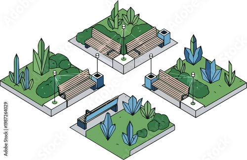Isometric Modern Urban Park Design Modules with Benches, Sustainable Greenery, and Public Lighting Architecture