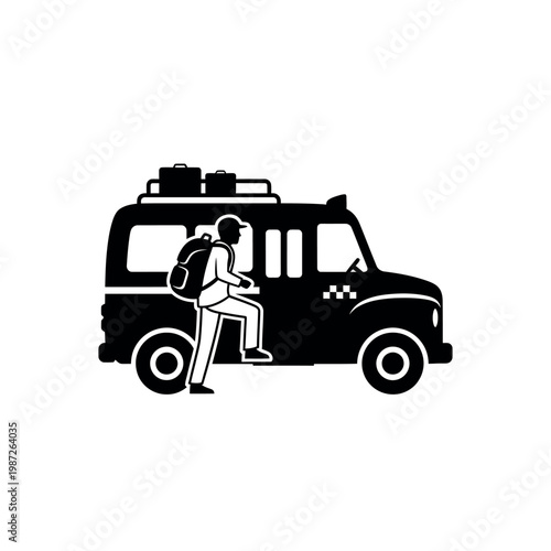 Silhouette of a person with a backpack boarding a taxi van with luggage on top.