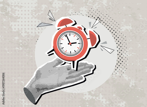 Trendy halftone collage. A hand holds a ringing alarm clock
