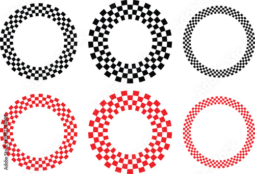 Set of black red and white checkerboard round frames circular borders race flag chessboard designs vector illustration