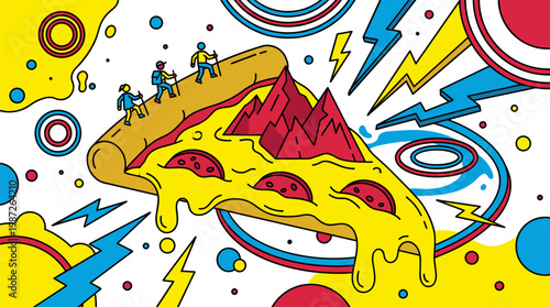 Surreal Pizza Slice with Mountain Landscape and River Toppings Pop Surrealism Flat Illustration with Bold Outlines