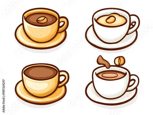 Four stylized cartoon illustrations of cups of coffee on saucers, featuring beans