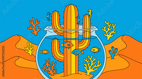 Desert Saguaro Cactus in Goldfish Bowl with Tropical Fish Pop Surrealism Flat Illustration with Bold Outlines