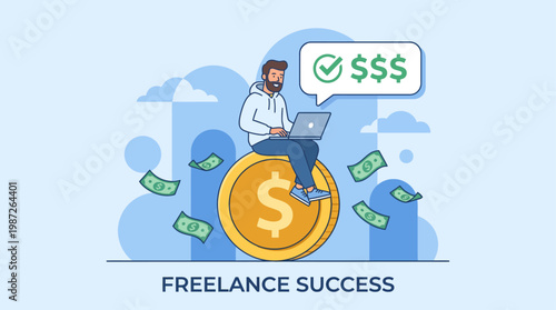 Young male freelancer sitting on dollar coin earning money online