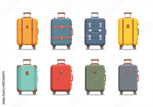Set of luggage on wheels in a flat design style, isolated vector illustration with a white background, simple and minimalistic.